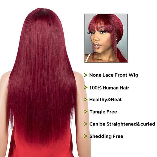Victoria Spotlight Straight Human Hair Wigs With Bangs 130%-BURGUNDY - VIP Extensions