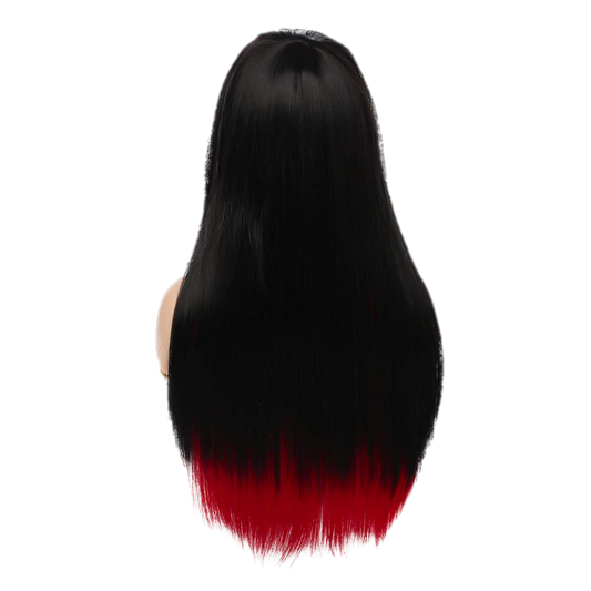 Long Red Black Wig Silky Straight Synthetic Heat Resistant Side Bangs - VIP Extensions