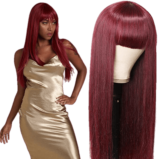 Victoria Spotlight Straight Human Hair Wigs With Bangs 130%-BURGUNDY - VIP Extensions