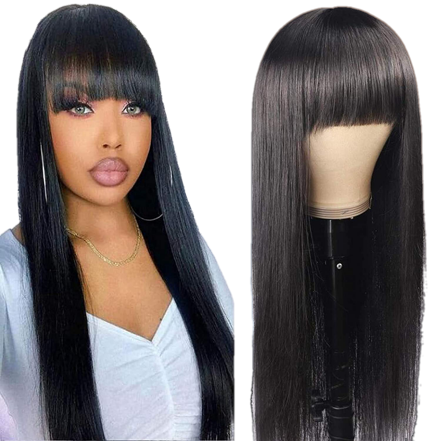 Human hair wig with bangs Natural black - VIP Extensions