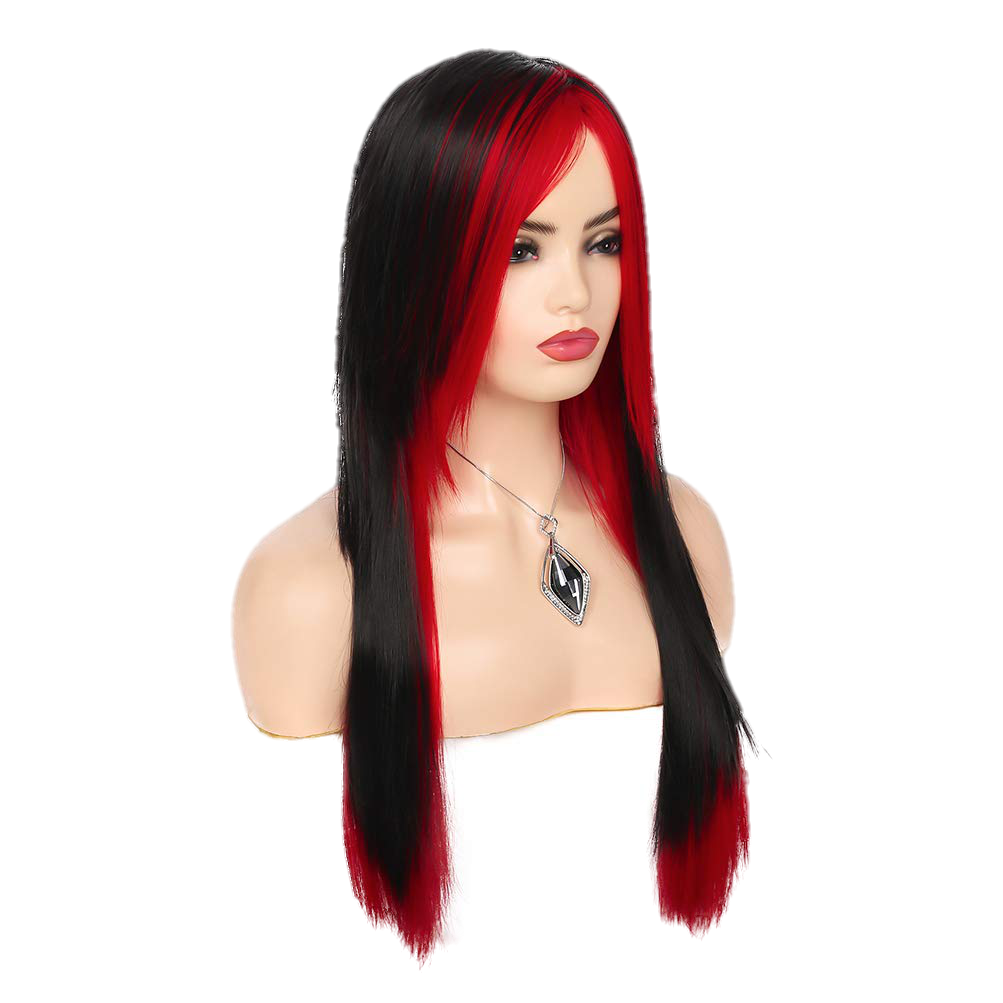 Long Red Black Wig Silky Straight Synthetic Heat Resistant Side Bangs - VIP Extensions