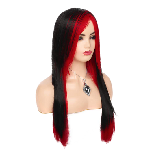 Long Red Black Wig Silky Straight Synthetic Heat Resistant Side Bangs - VIP Extensions