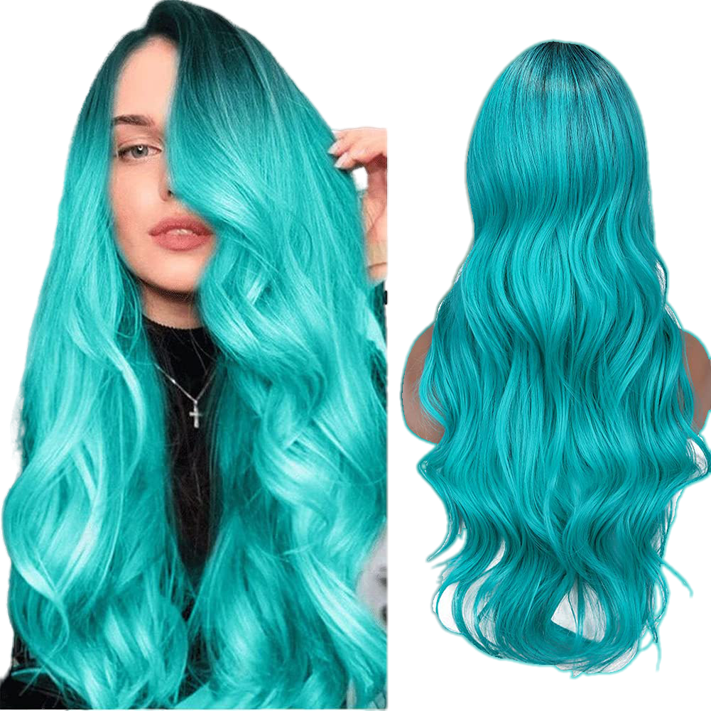 Long Wavy Side Part Wig Ombre Bluish Green color  Heat Resistant - VIP Extensions