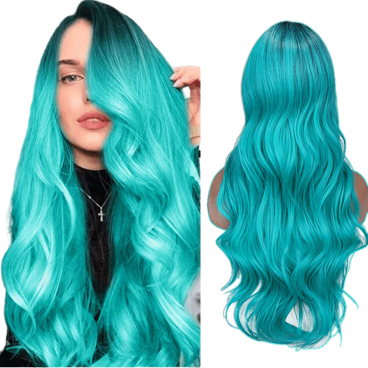 Long Wavy Side Part Wig Ombre Bluish Green color Heat Resistant - VIP Extensions