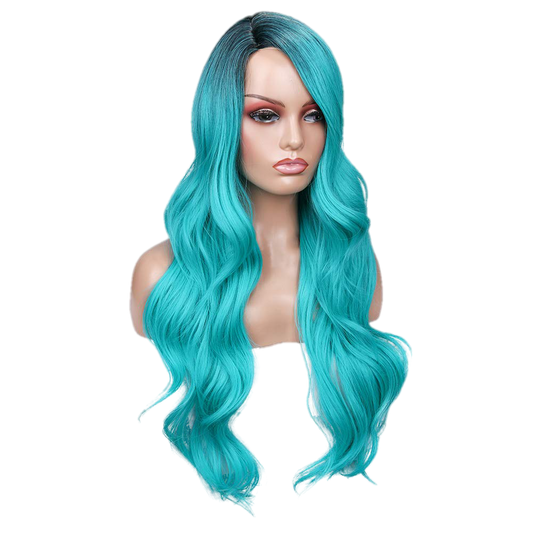 Long Wavy Side Part Wig Ombre Bluish Green color Heat Resistant - VIP Extensions