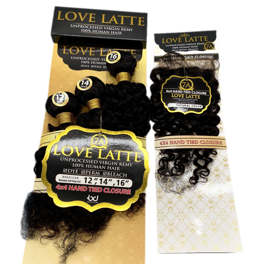 Love Latte 7A Brazilian Bundle Multi Pack w/Closure - Bohemian soft deep curl - VIP Extensions