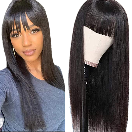 Victoria Spotlight Straight Human Hair Wigs With Bangs 130%-Natural Black - VIP Extensions